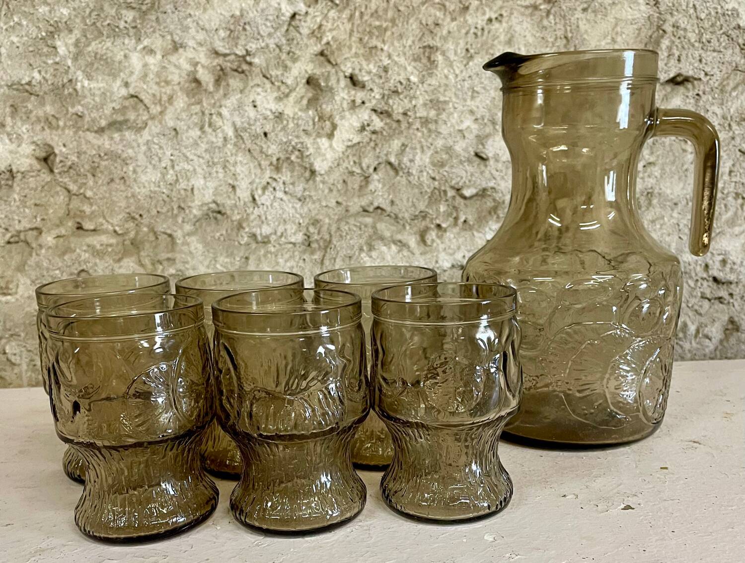 Service à orangeade verre fumé noir ancien/vintage