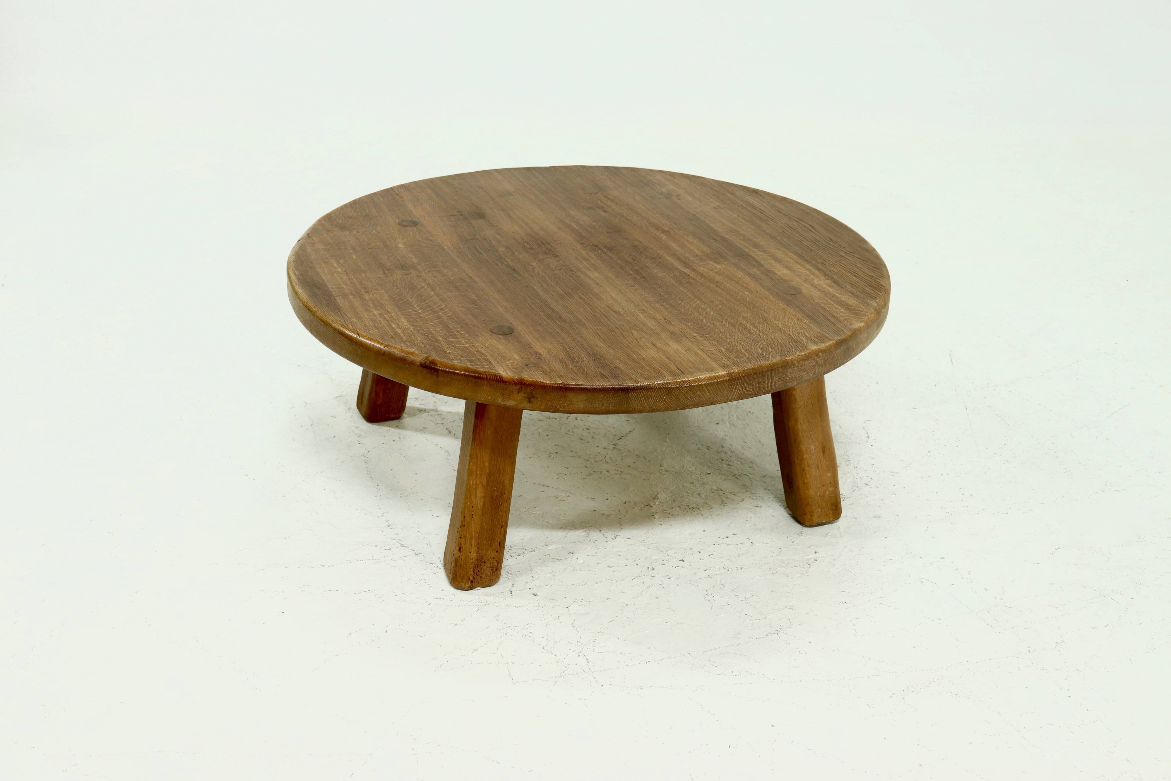 Rustic Solid Oak Round Coffee Table 1970s