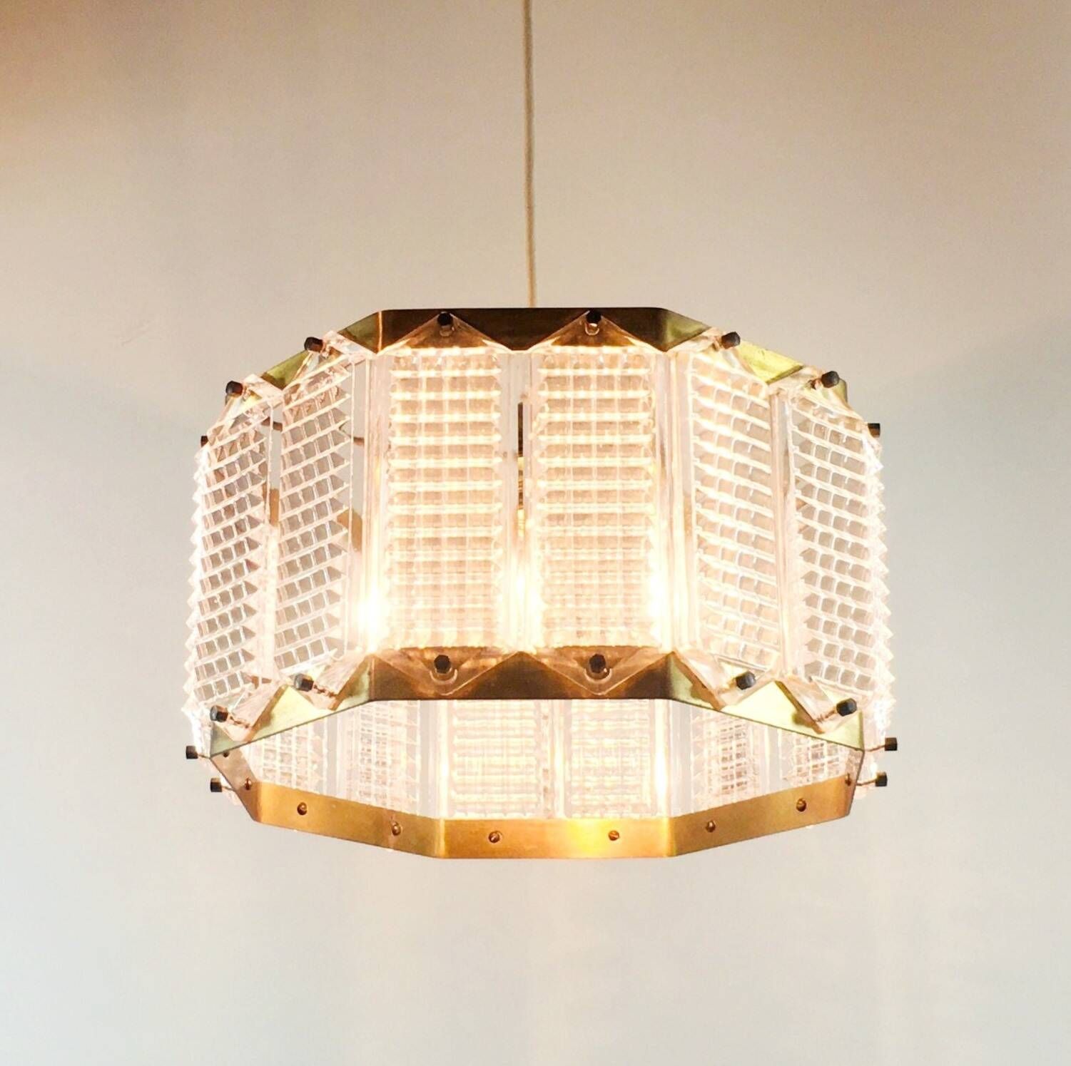 Mid-Century Scandinavian Glass & Brass Ceiling Light by Wiktor Berndt for Flygsfors, Sweden, 1960s