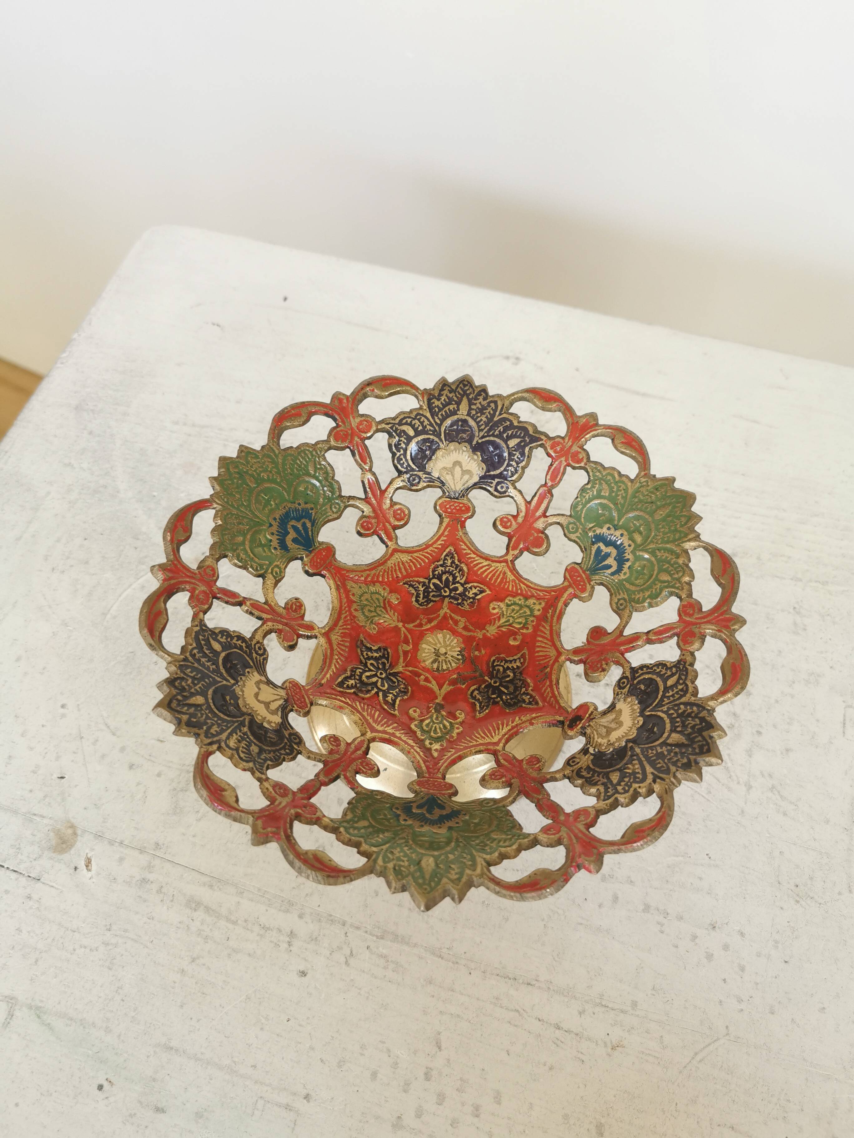 Vintage Brass Pedestal Bowl: Floral Motif, Red Blue Green Painted
