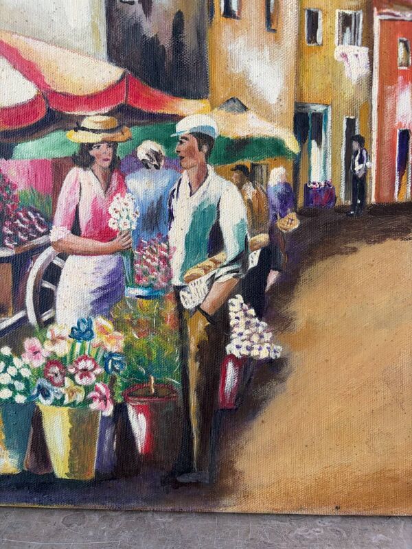 Le marché aux fleurs, huile sur toile signé Luga