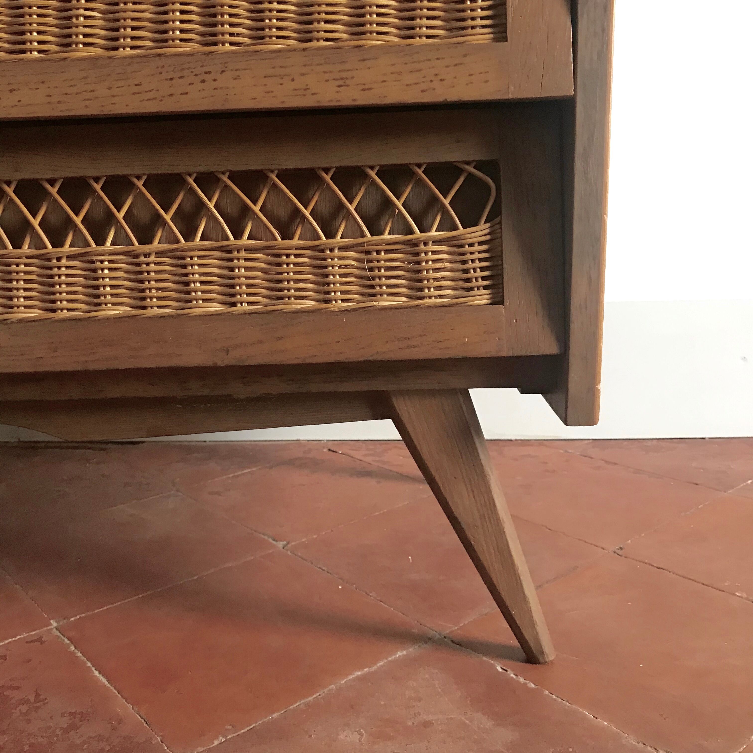 Vintage wood and rattan chest of drawers