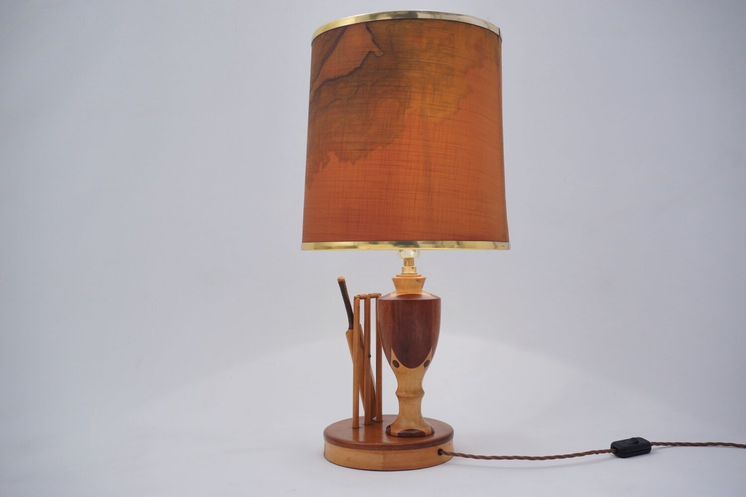 Marquetry wood inlaid table lamp, sport cricket theme, 1950`s ca, English, Rewired
