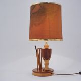 Marquetry wood inlaid table lamp, sport cricket theme, 1950`s ca, English, Rewired