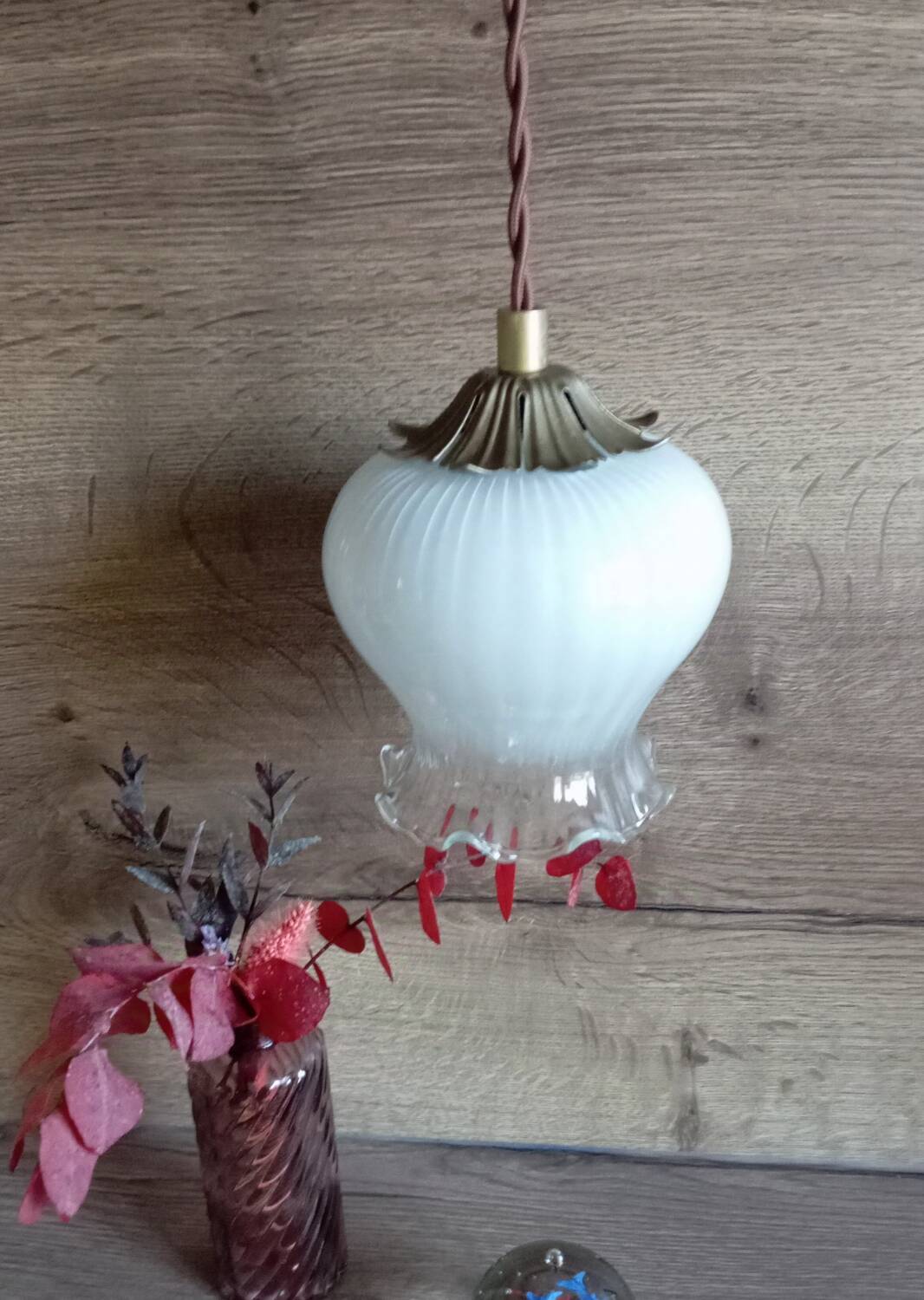 White opaline globe portable lamp, art deco style, brown textile cord