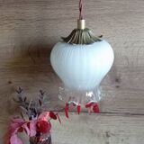 Lampe baladeuse globe opalin blanc, style art déco, cordon textile marron