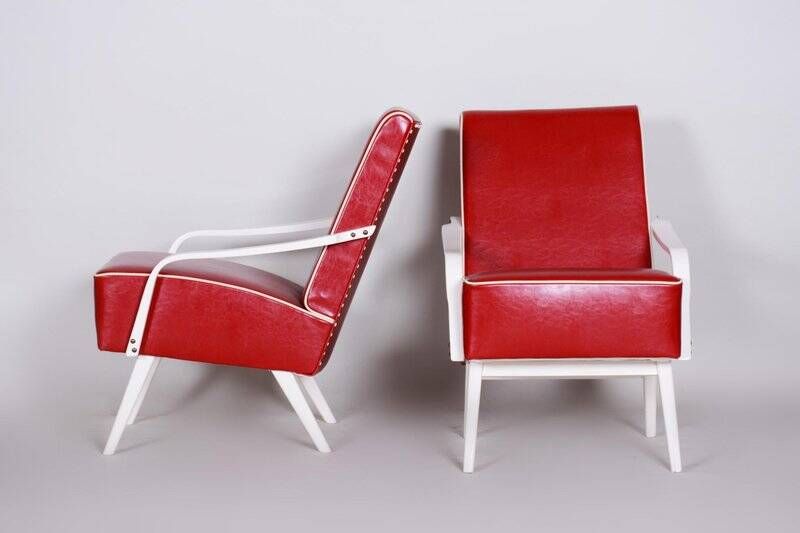 Mid-Century Red Leather and Beech Armchairs, Czechia, 1950s, Set of 2