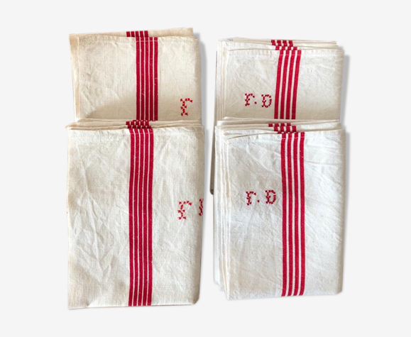 Lot de 4 torchons en métis anciens monogrammés, à liteaux rouges