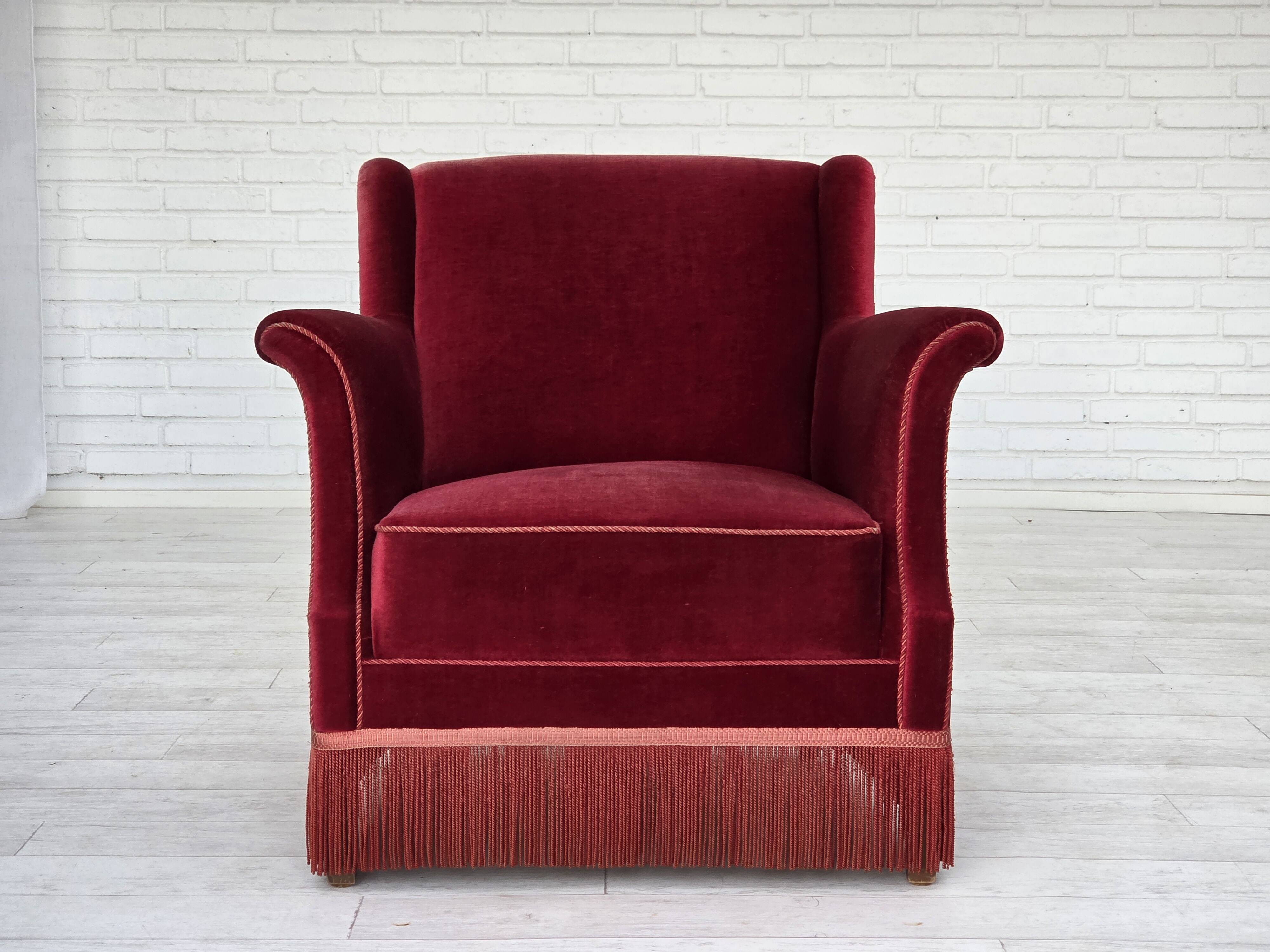 1960s, Danish armchair, cherry-red furniture velour, ash wood, original.