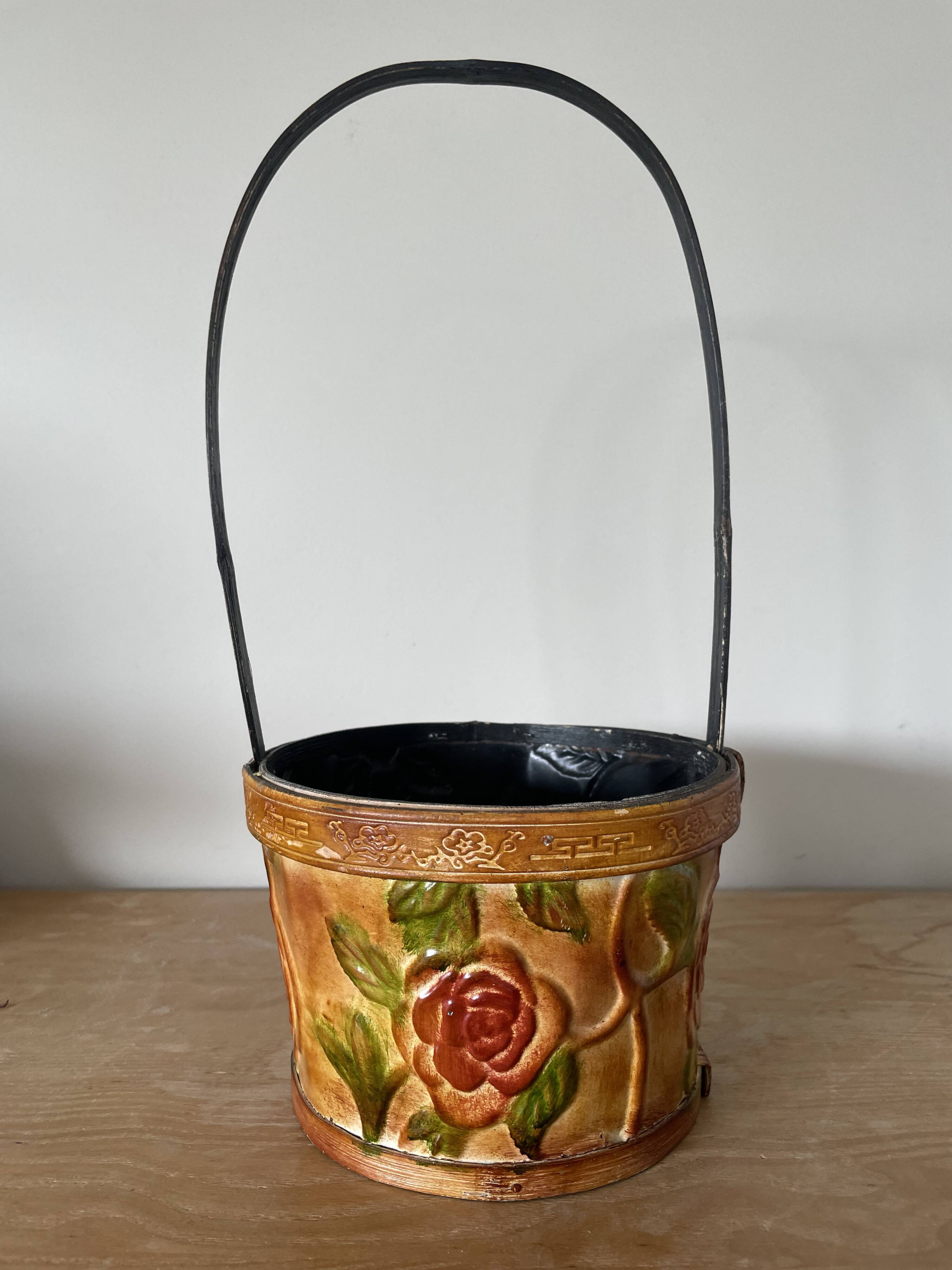 Metal basket with rose patterns