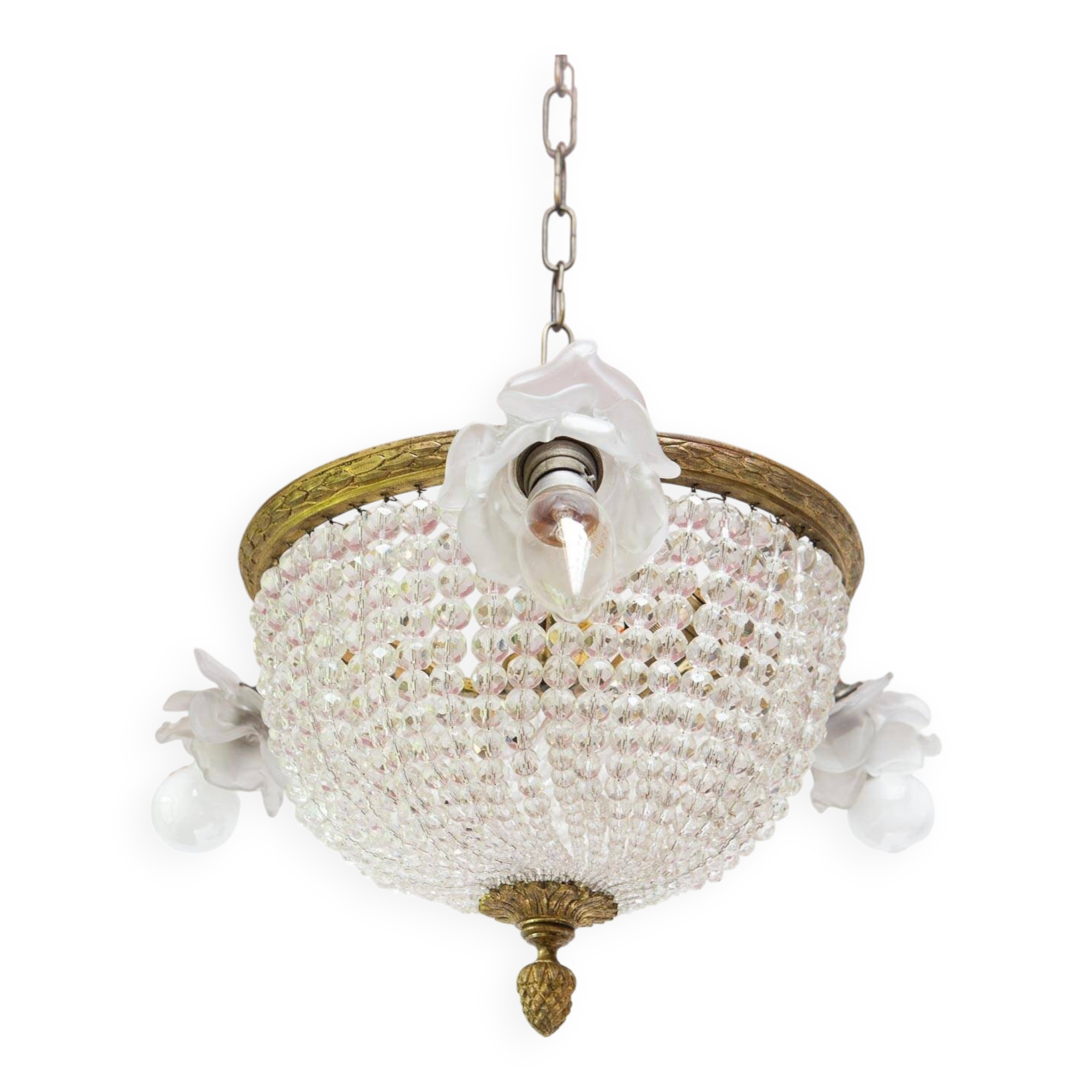 Old bronze ceiling light and 3 tulip flowers