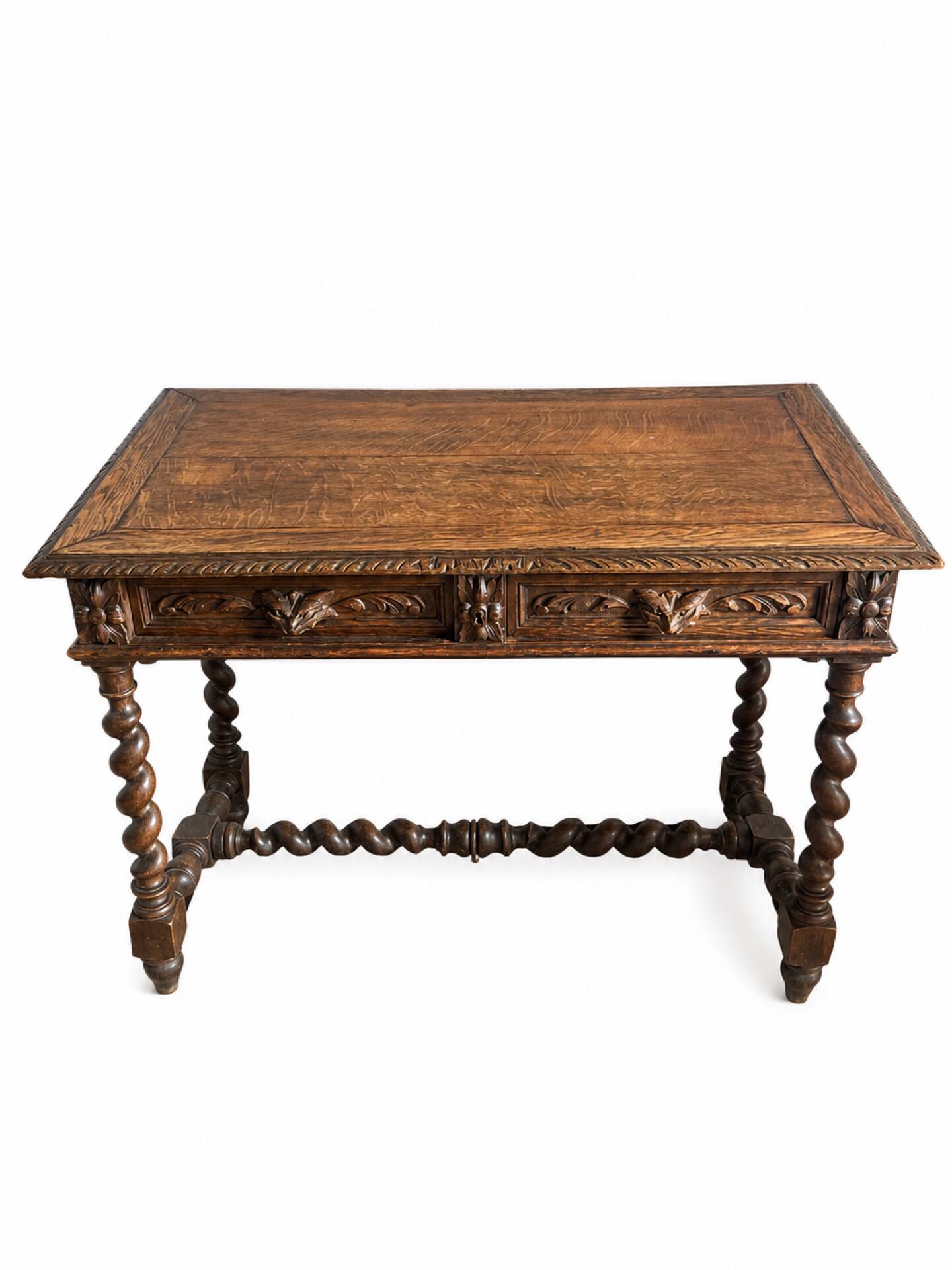 Louis XIII style desk in solid oak with twisted legs.