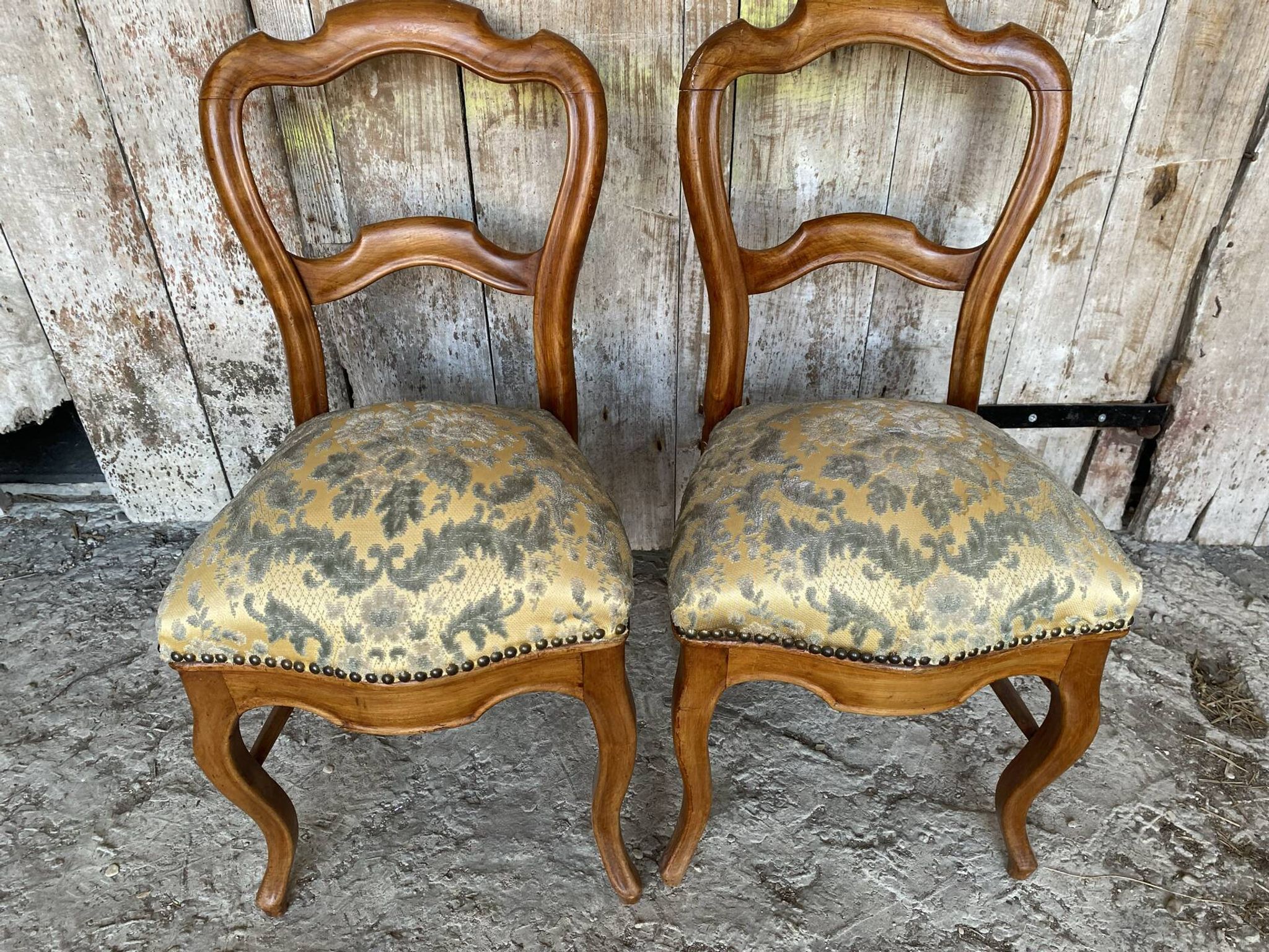 Pair of Antique Louis Philippe Chairs Wood + Fabric Seat 19th Century Vintage