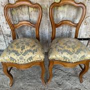 Pair of Antique Louis Philippe Chairs Wood + Fabric Seat 19th Century Vintage