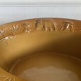 Old Oval Enameled Stoneware Dish with Wild Boar and Mushroom Hunting Motif