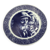 Blue enamelled earthenware wall plate with fisherman decor, Boch La Louvière, Belgium