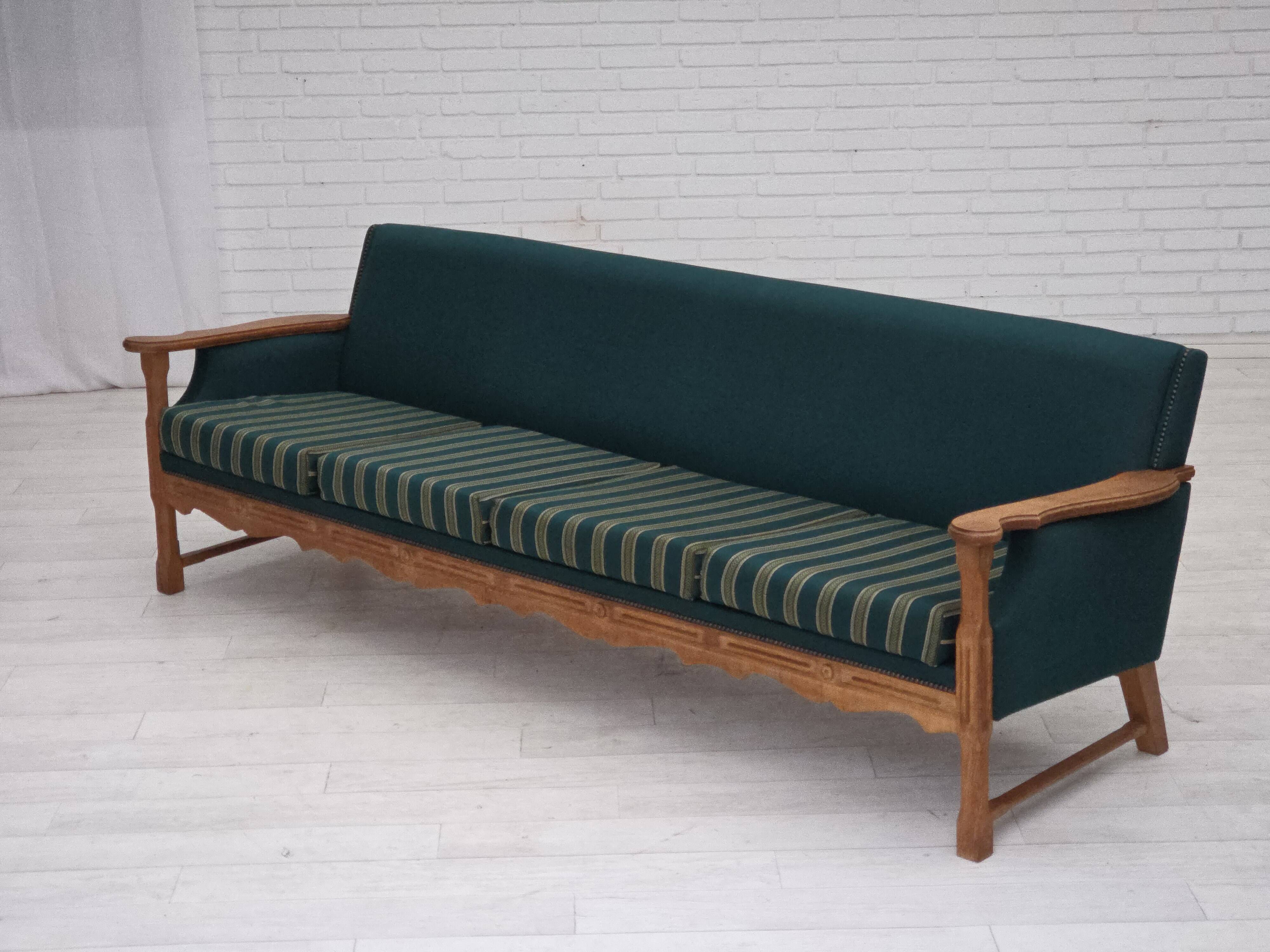 1970s, Danish 4-seater sofa, furniture wool, solid oak wood.