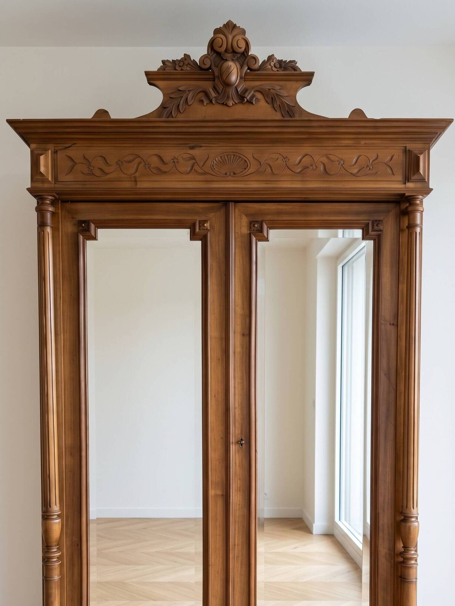 Antique wardrobe with 2 mirror doors in polished wood.