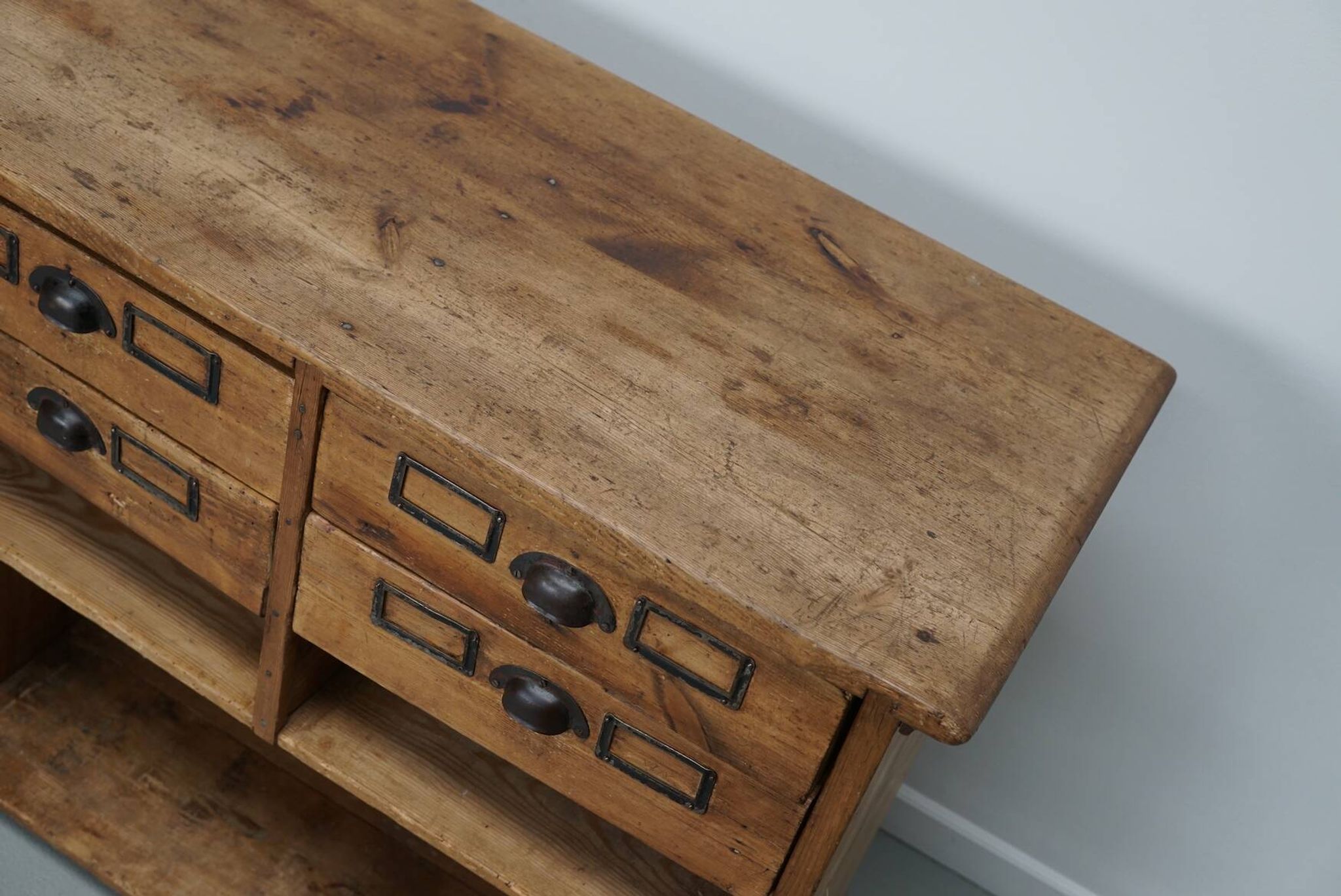 Vintage rustic German pine apothecary cabinet / shop counter, 1930s
