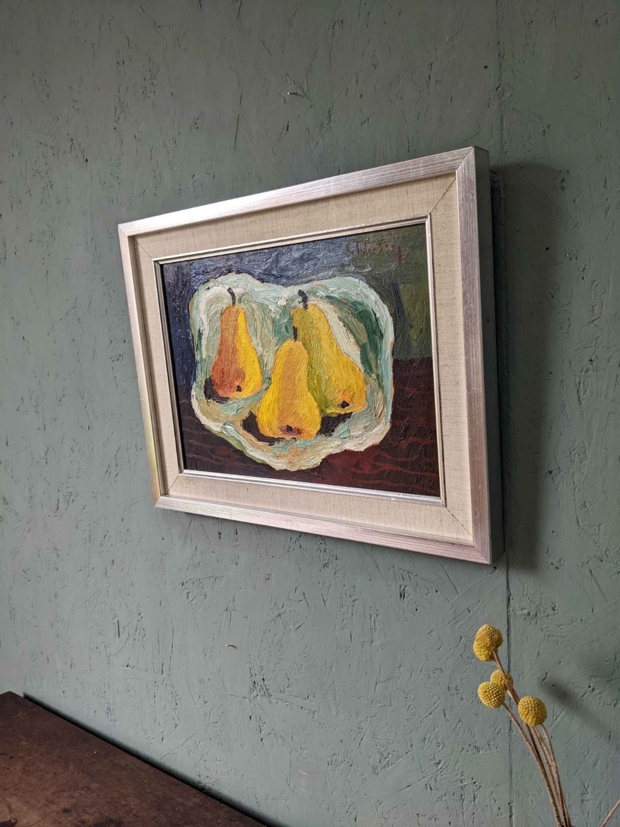 Mid-Century Modern Swedish "Luminous Pears" by Eric Cederberg, Framed Still Life Oil Painting