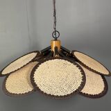 Midcentury uchiwa fan macrame fiber rattan hanging pendant lamp, 1970s
