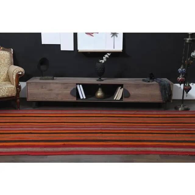 Orange Red Vintage Handmade Wool Cotton Kilim Runner Rug 172x372