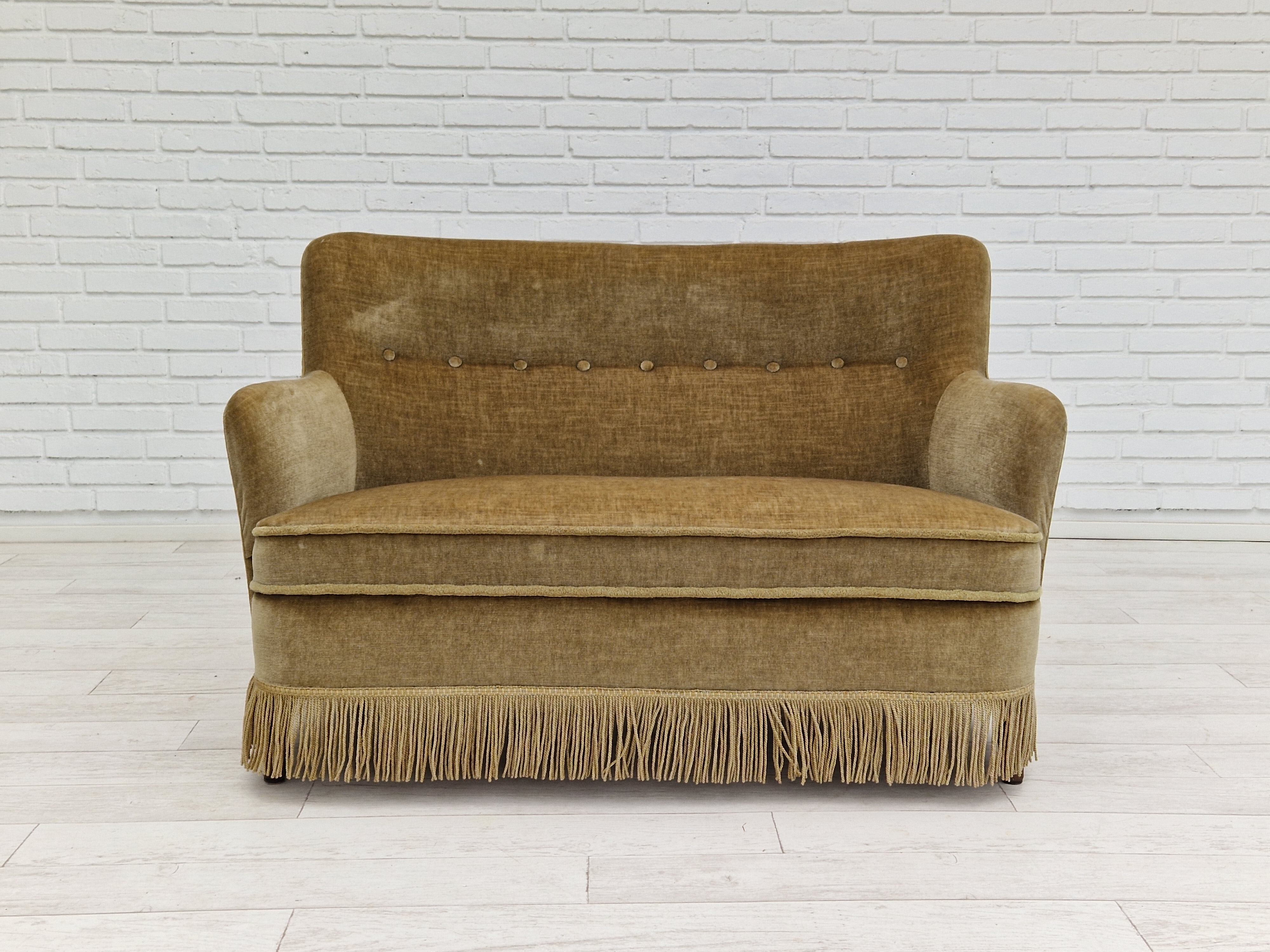 Danish velour 2 seater sofa, original condition, beech wood, 1960s