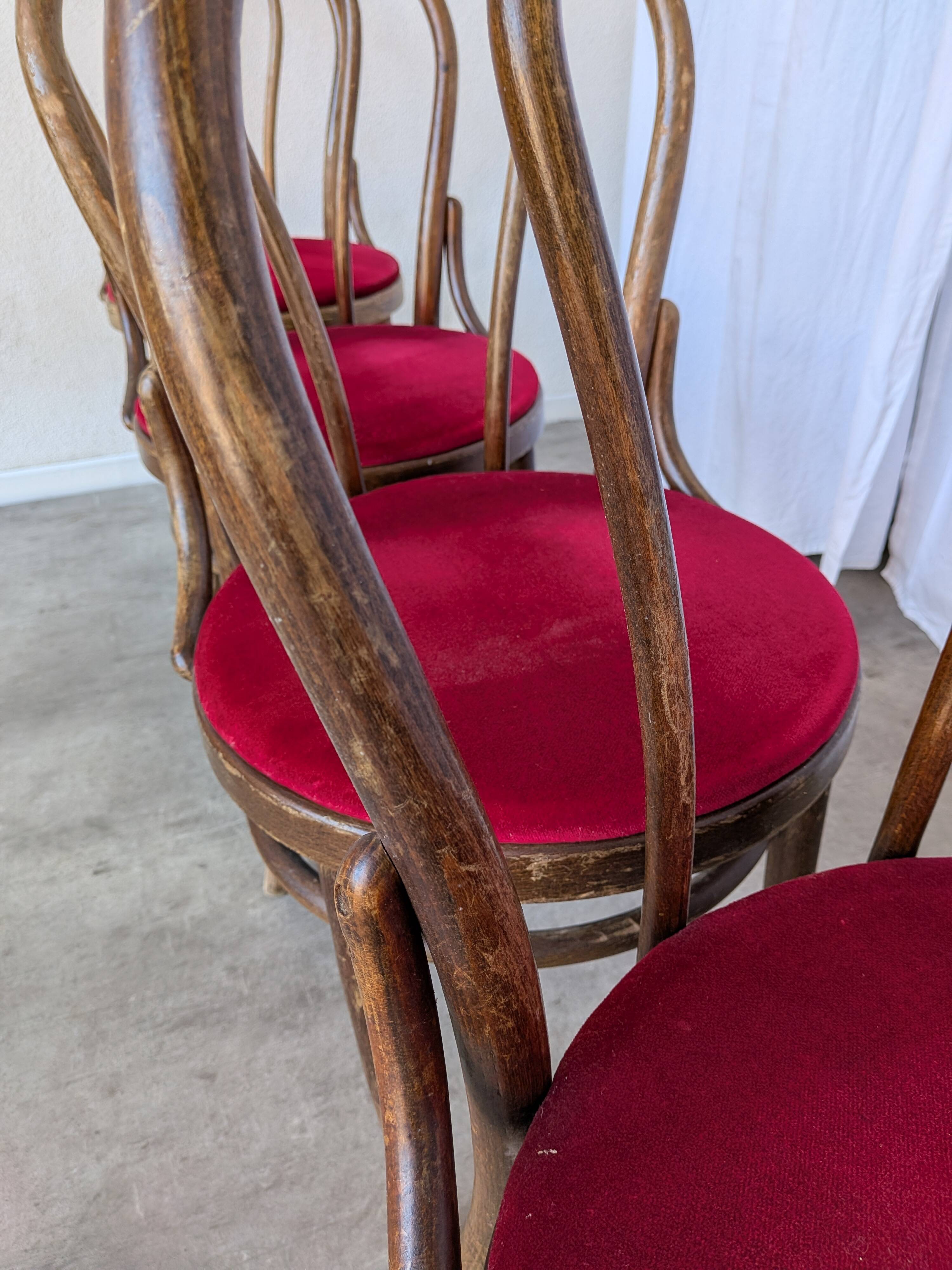 Set of 8 Vintage Bentwood Bistro Chairs: Red Upholstery