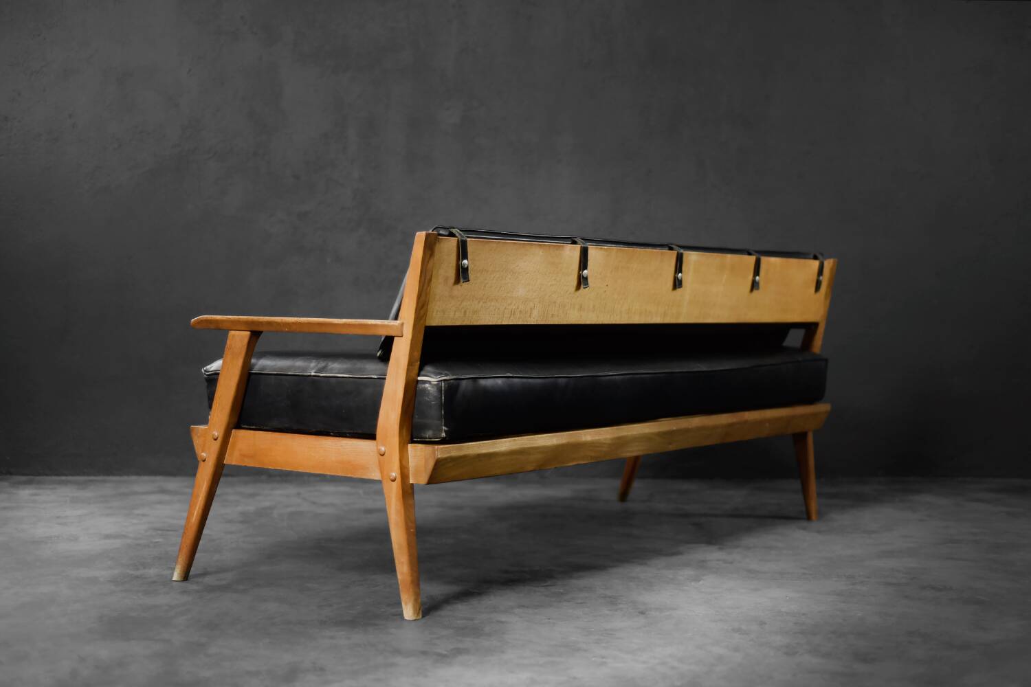 Vintage Mid-Century German Modern Oak & Black Leather Sofa, 1960s