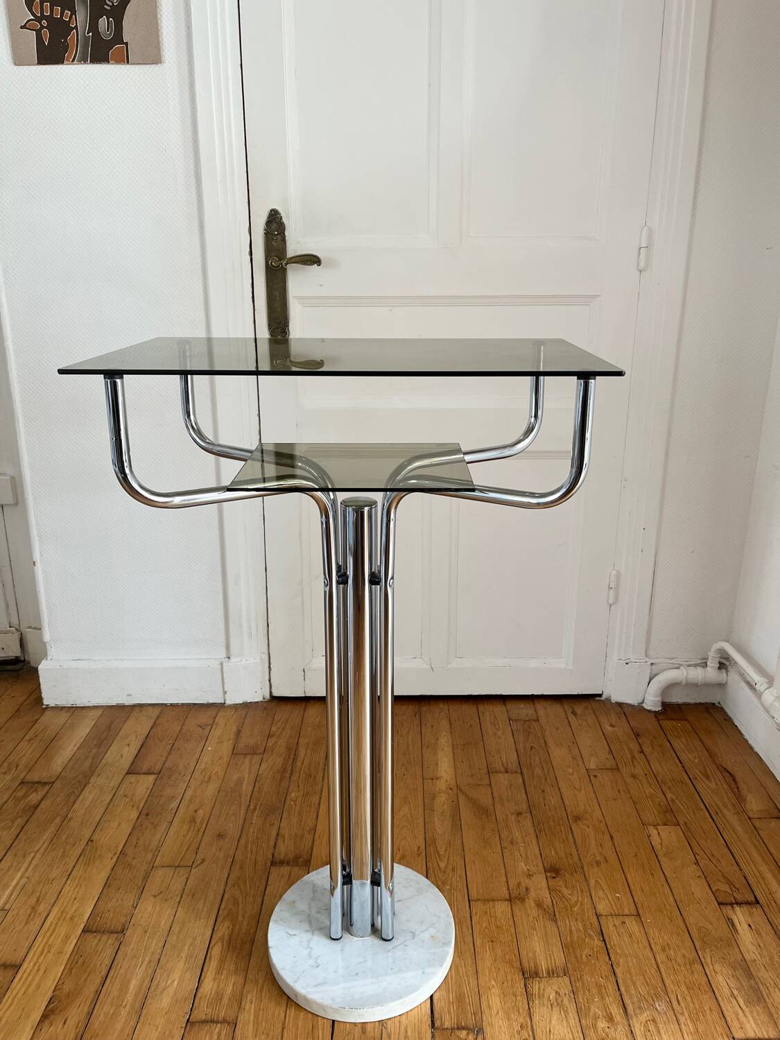 Console, guéridon en métal, marbre et verre fumé, 1980