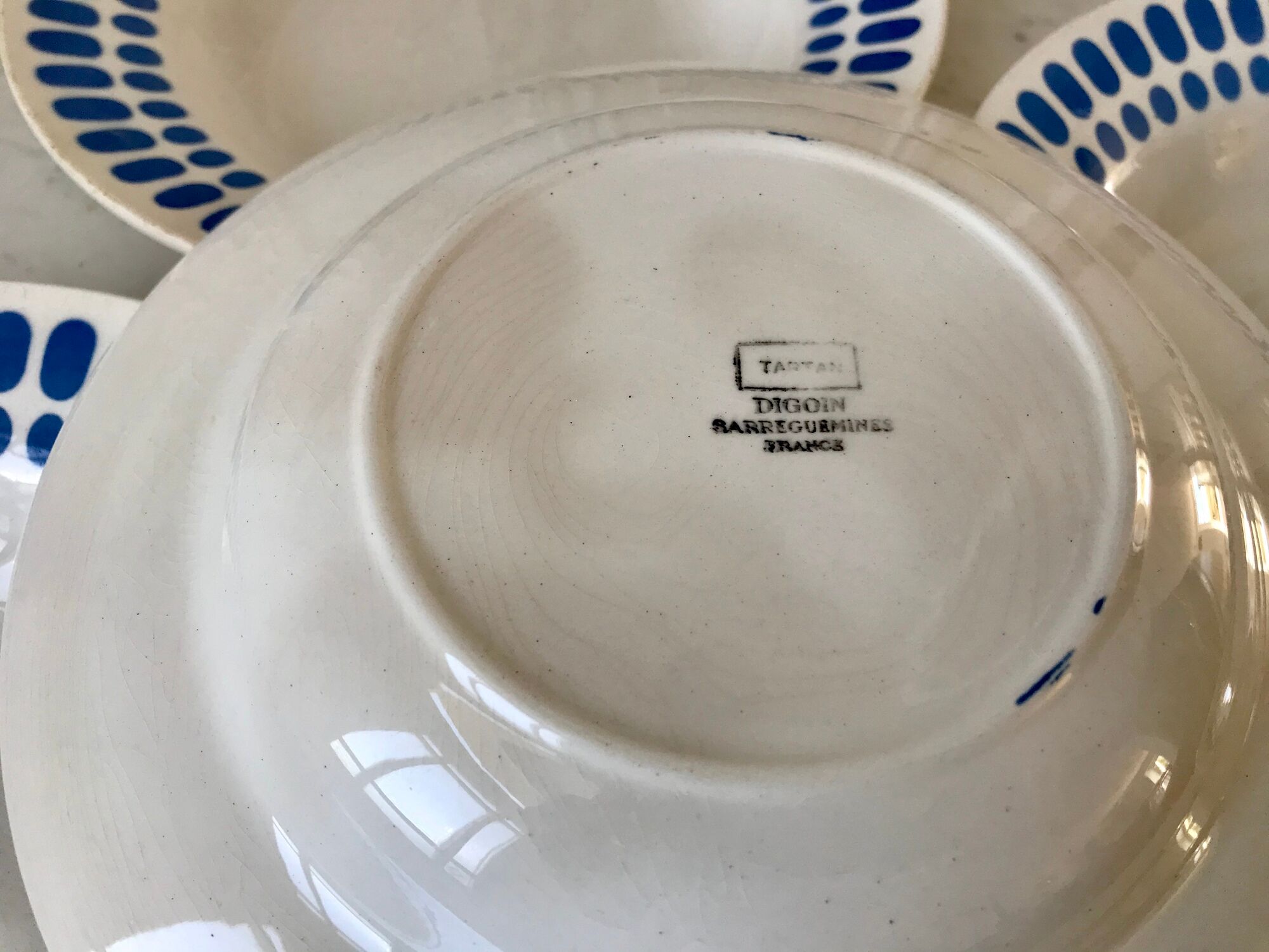 Set of 4 hollow plates Digoin Sarreguemines blue model "Tartan" 40s