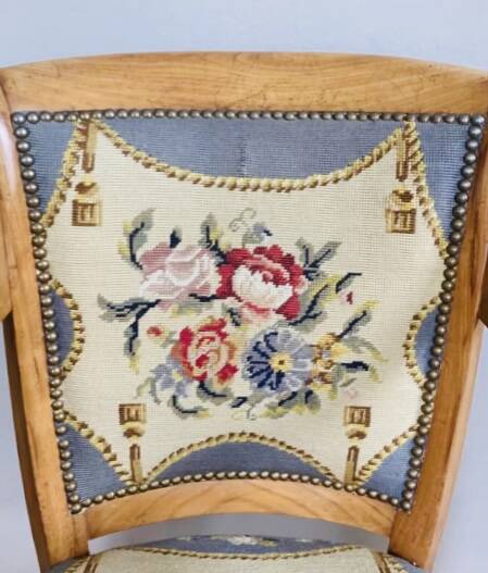 19th century St Empire armchair in pegged blond walnut with cross-stitched tapestries