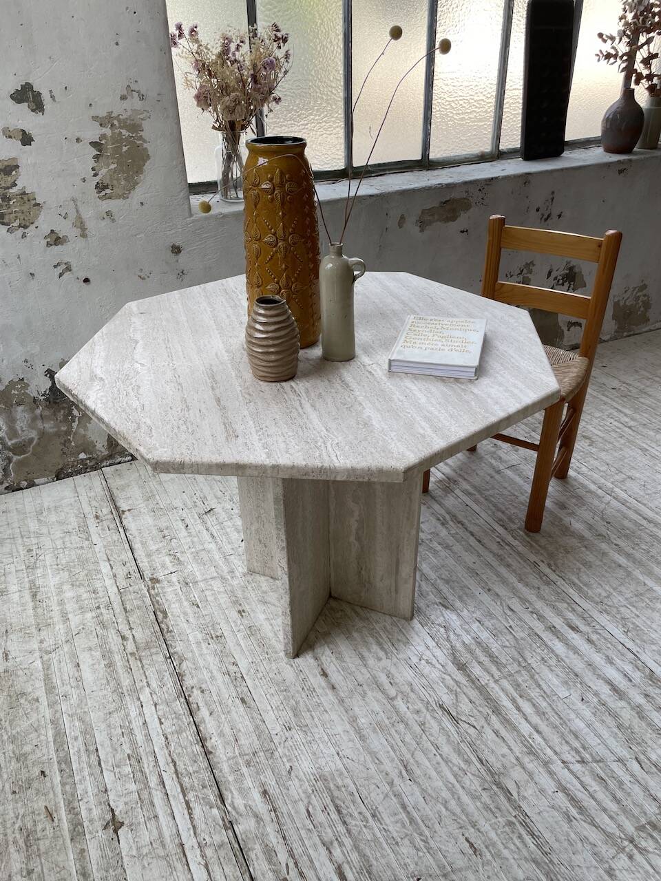 Octagonal travertine coffee table