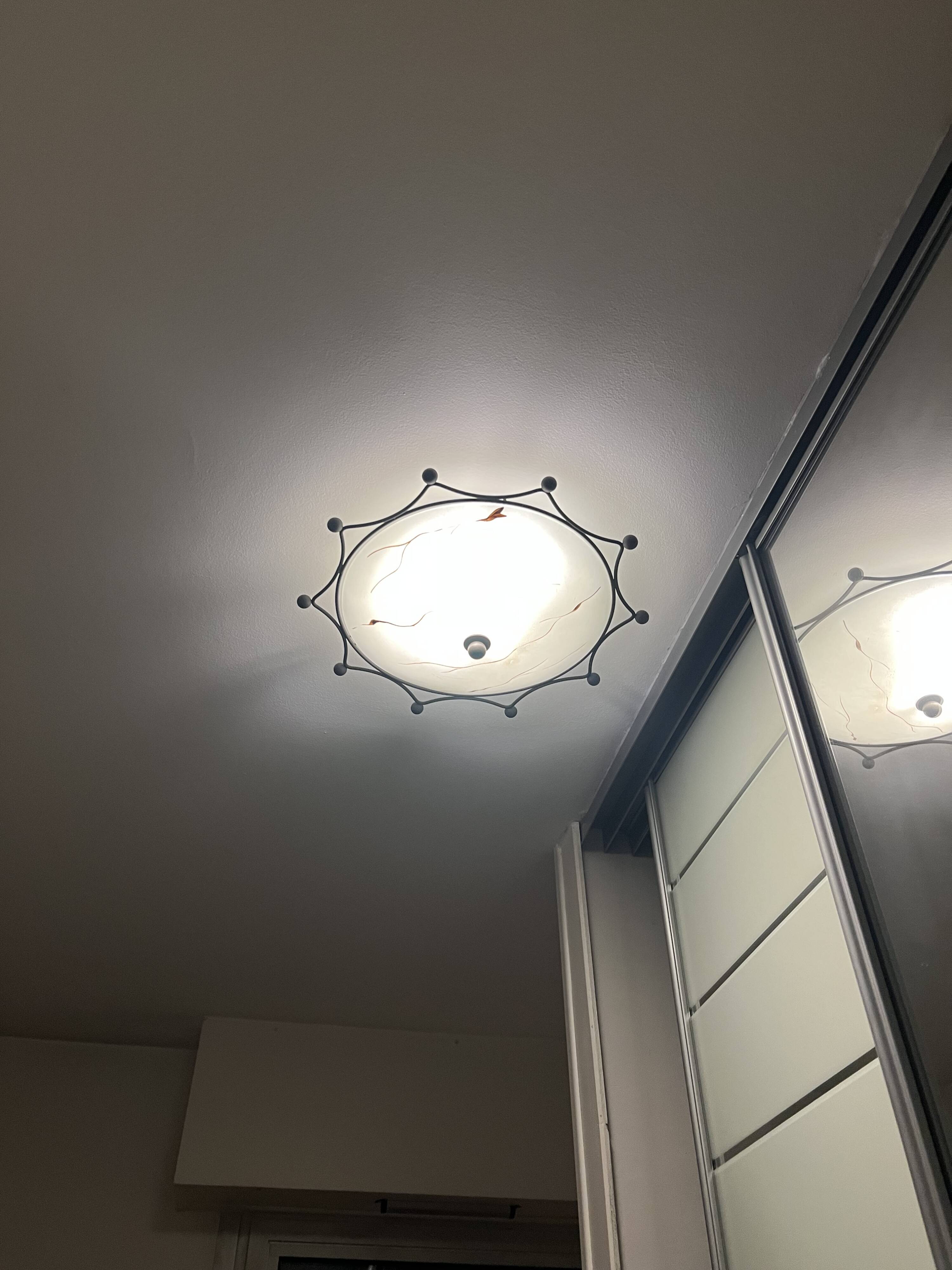 Round ceiling light with a wrought iron frame.