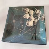 Square turquoise glazed stoneware dish, abstract floral decoration, signed.