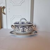 Antique Saucer Boat in Blue and White Porcelain with Floral Decor from France, 19th century