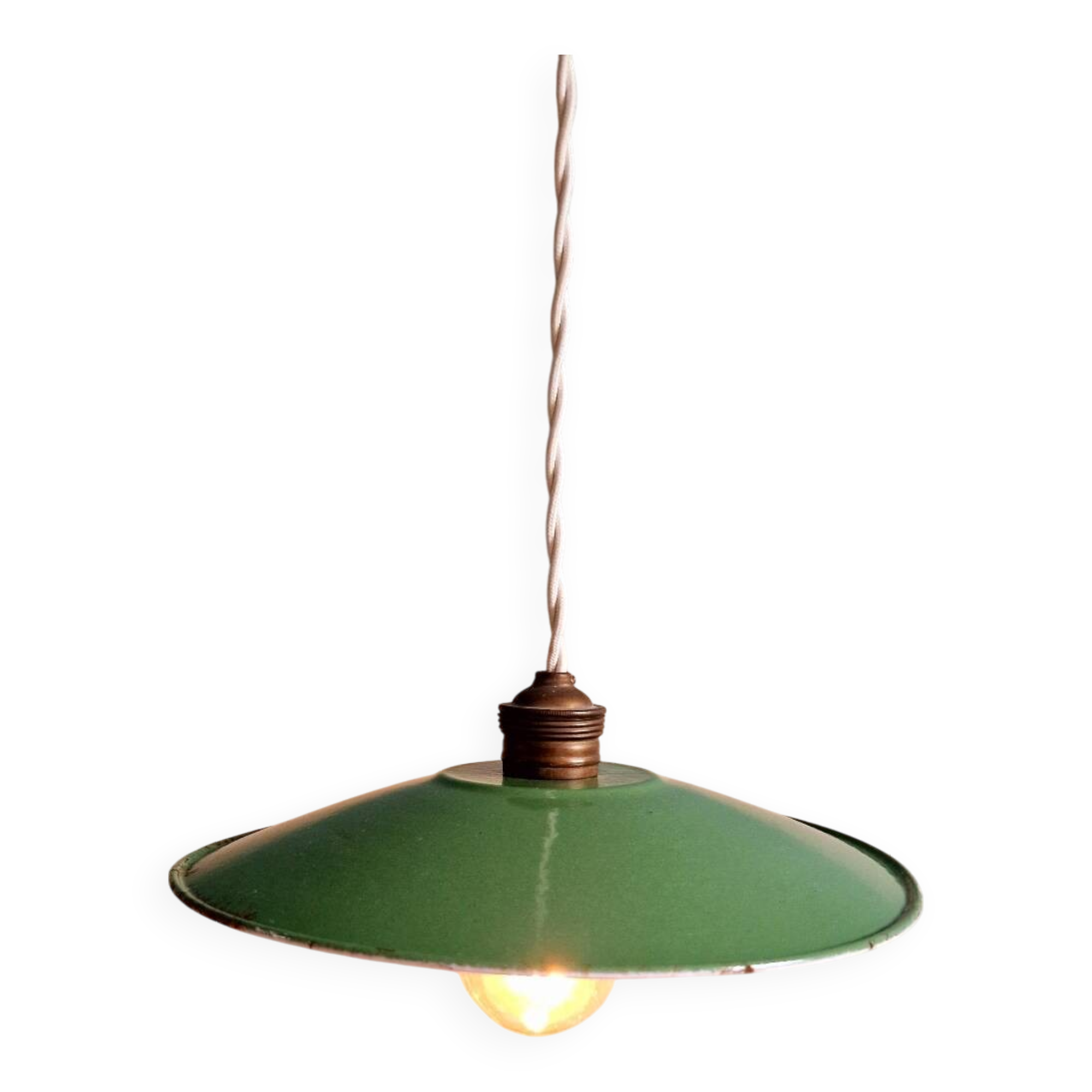 Industrial pendant light in green enamelled sheet metal, 1930s-40s