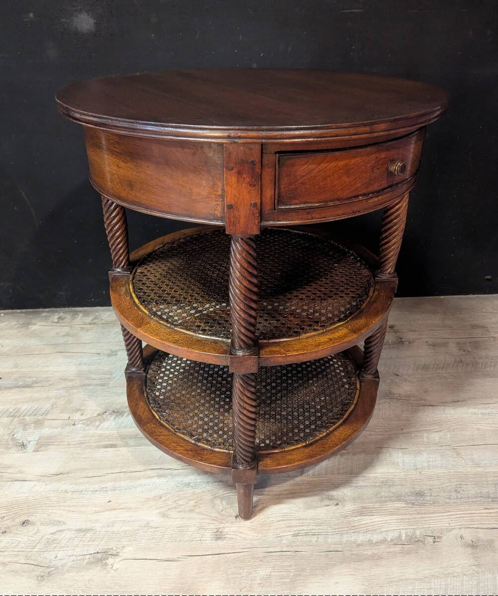Pair of oval mahogany side tables with caned shelves – 19th century