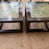 black lacquered square coffee tables with green marbled effect top
