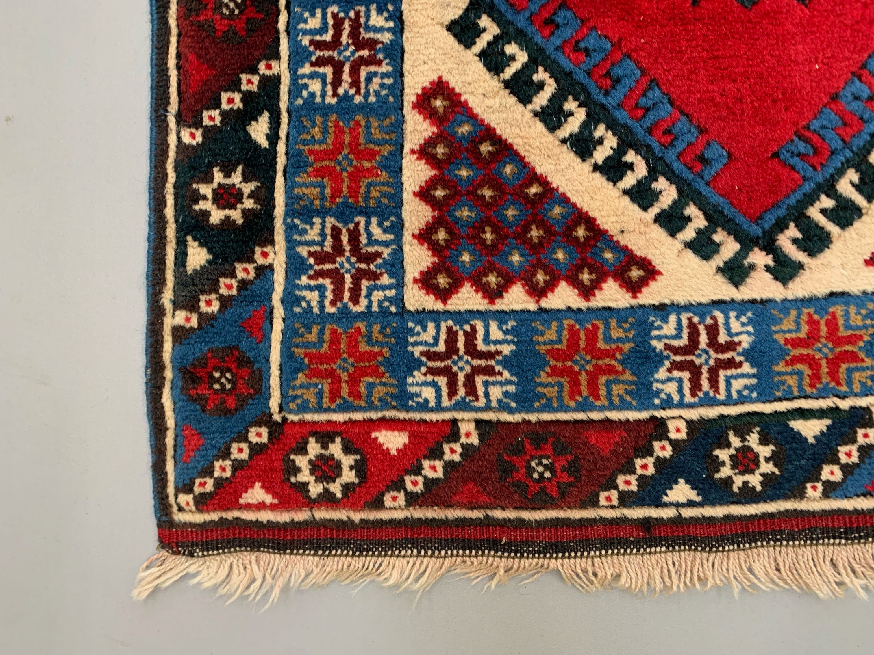 Turkish runner 490x88 cm tribal rug, red, beige, blue, vintage