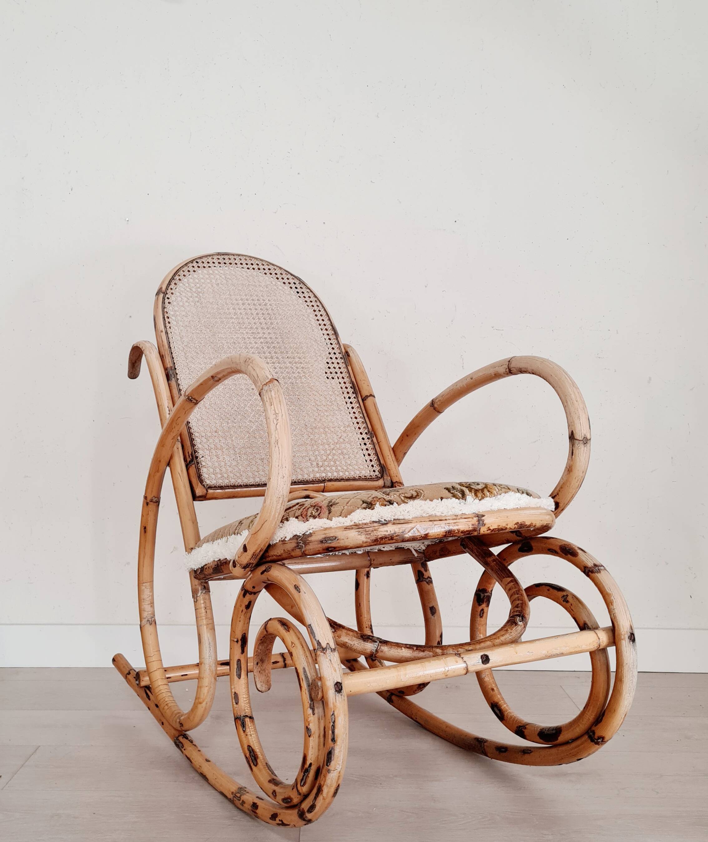 Cane rocking chair and upholstered seat