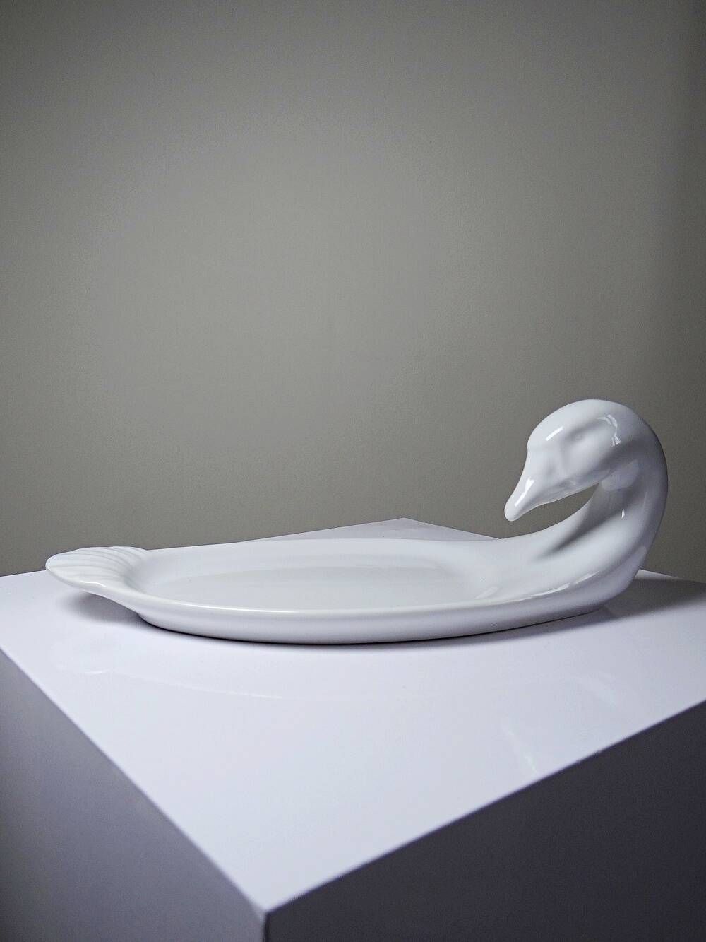 Vintage white faience foie gras platter in the shape of a goose, 1970s.