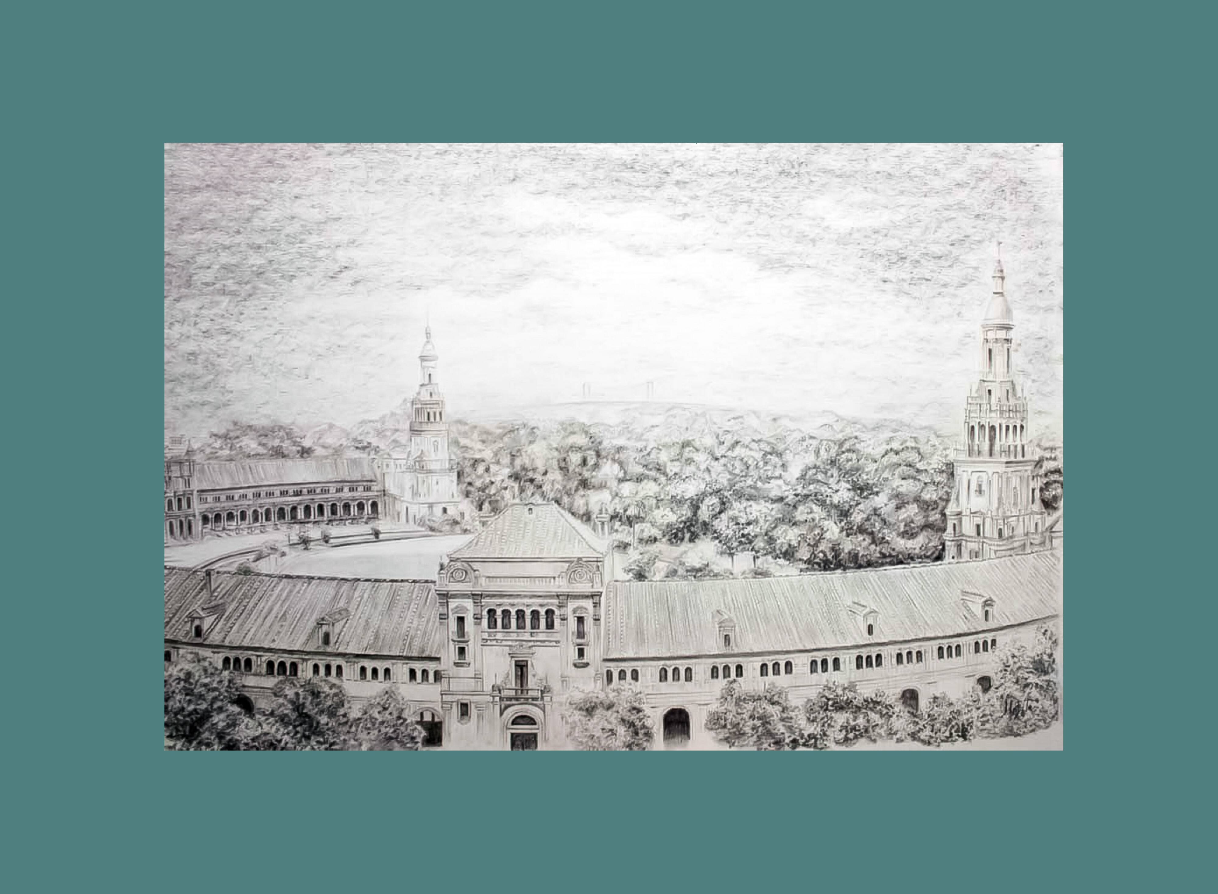 Plaza de España in Seville. Charcoal and graphite drawing. Seville Plaza de España.