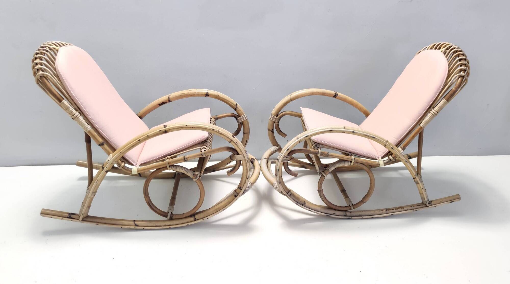 Pair of Postmodern Bamboo Children Rocking Chairs Ascribable to Vittorio Bonacina