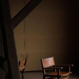 Pair of Spanish brutalist armchairs from the 1960s, wood and leather.