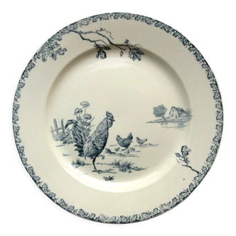 Plat rond et plat en porcelaine opaque signé GIEN, modèle Coqs, 33 cm