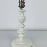 White turned wooden lamp, rattan shade, 1960s.