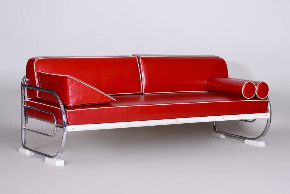 Bauhaus Sofa in Chrome-Plated Steel and Red Leather attributed to Robert Slezák, Former Czechoslovakia, 1950s