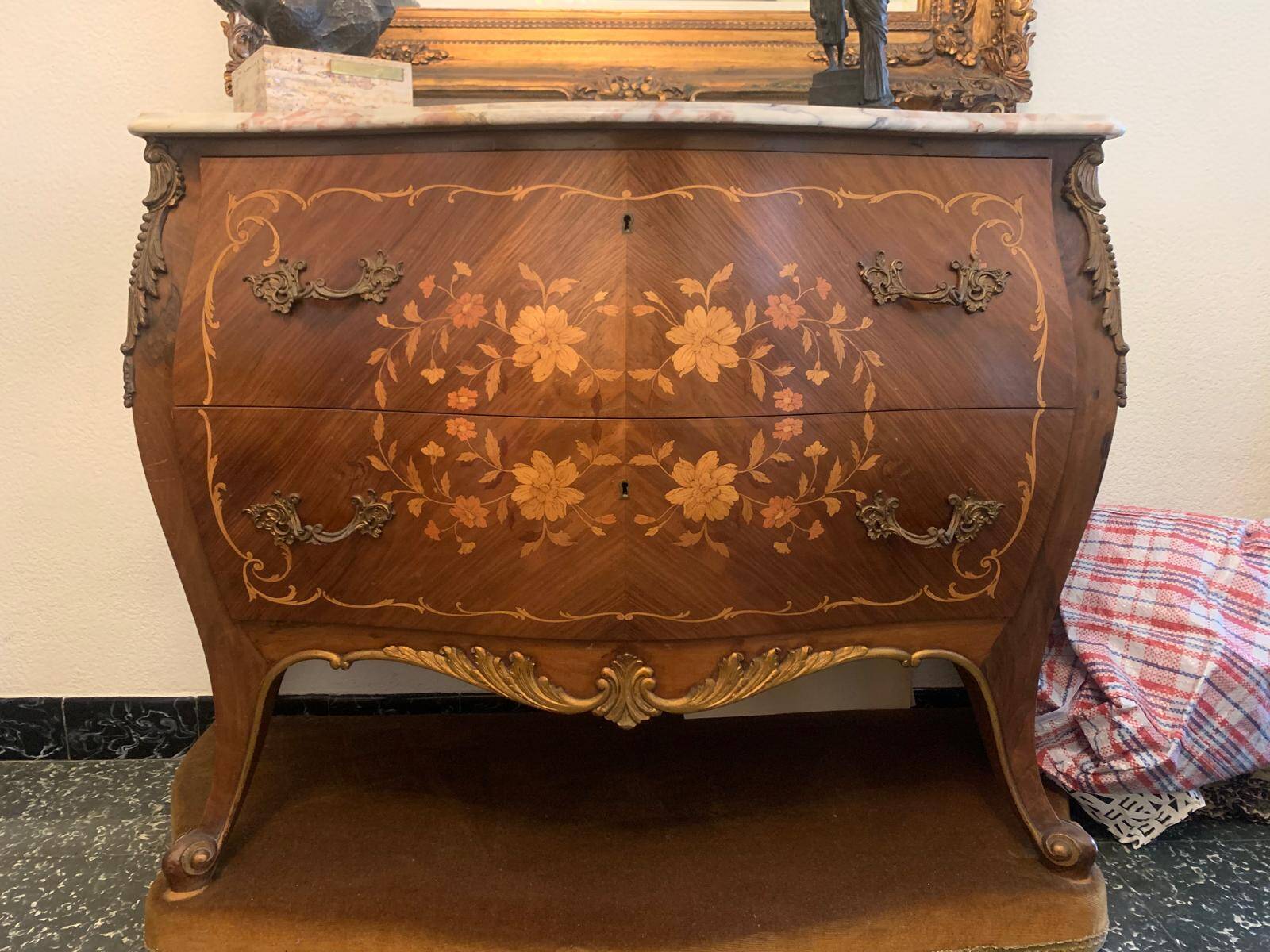 Walnut chest of drawers with marquetry and marble, 1958