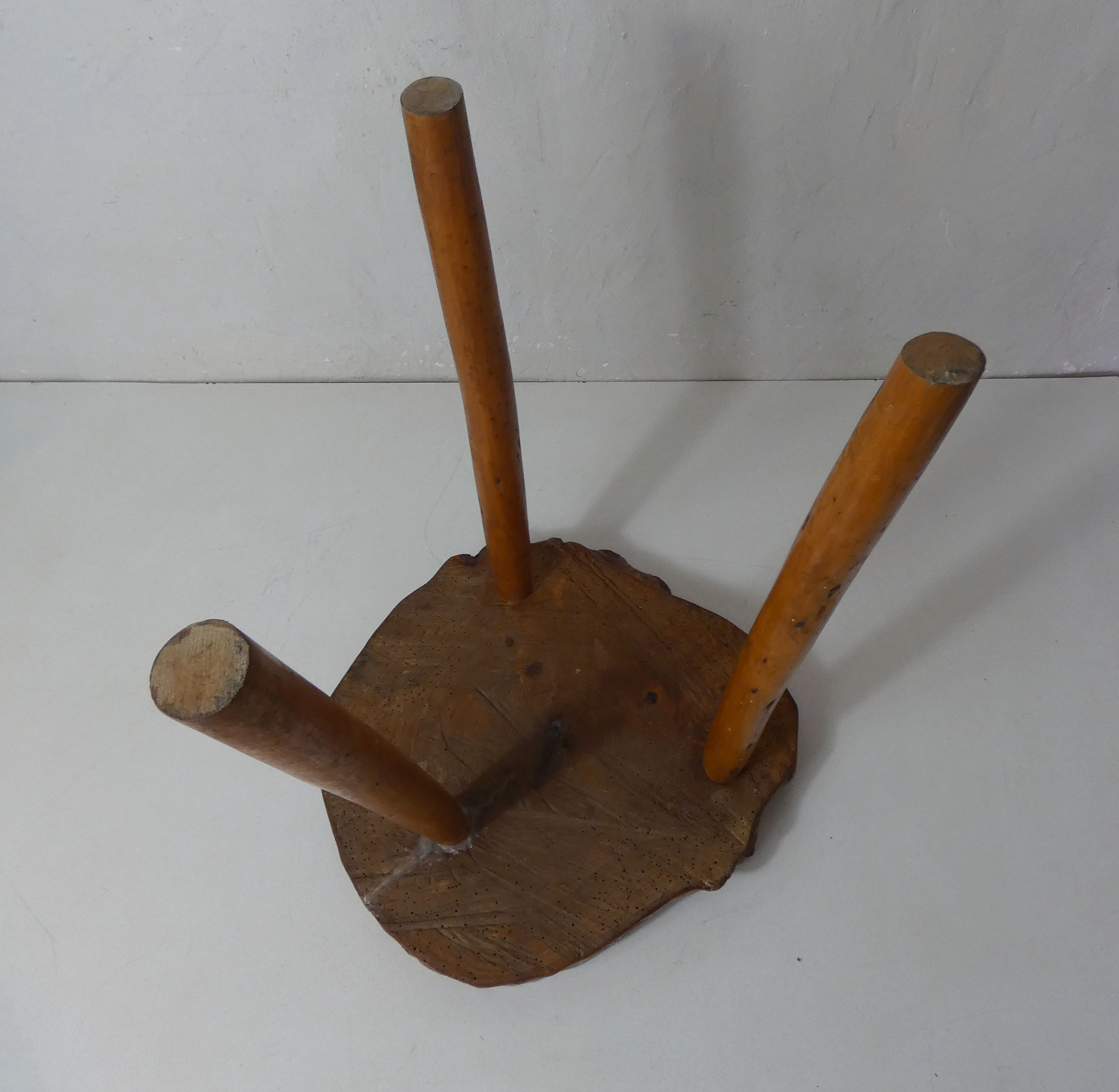 Brutalist side table tripod in vintage wood